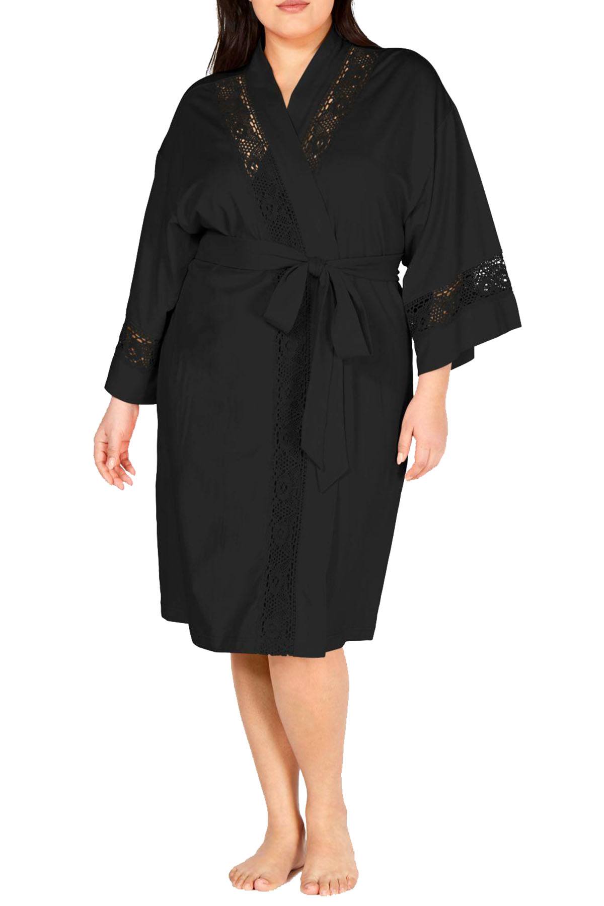 Charter Club PLUS Embroidered Lace Knit Robe in Classic Black – CheapUndies