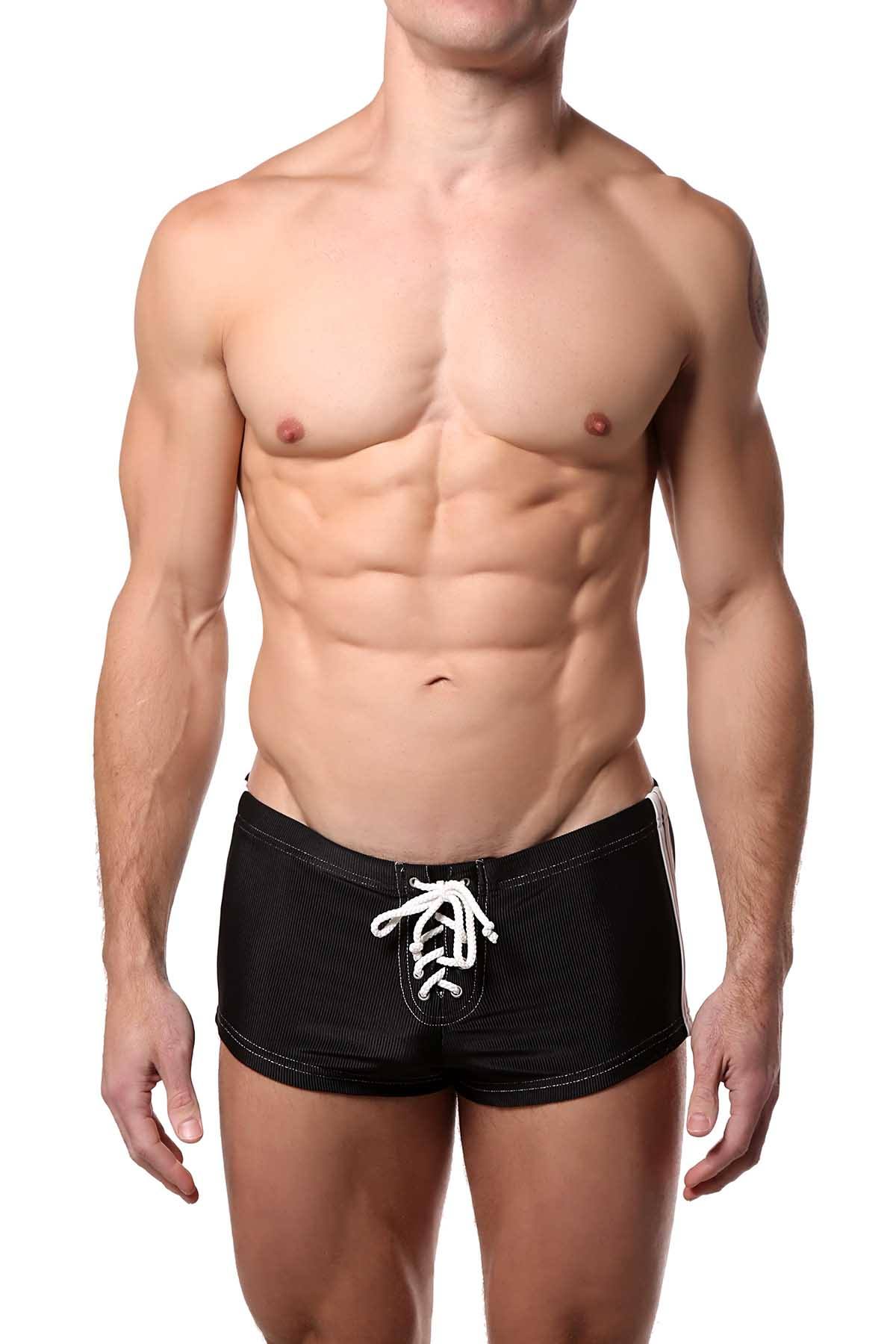 Jocko Black White Rex Ribbed Side Stripe Lace Up Swim Short CheapUndies