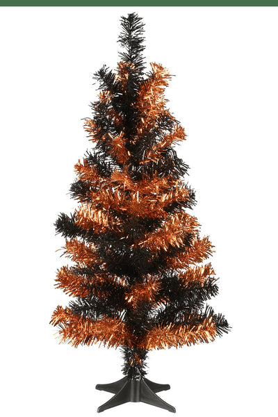 24" Orange and Black Tinsel Tree