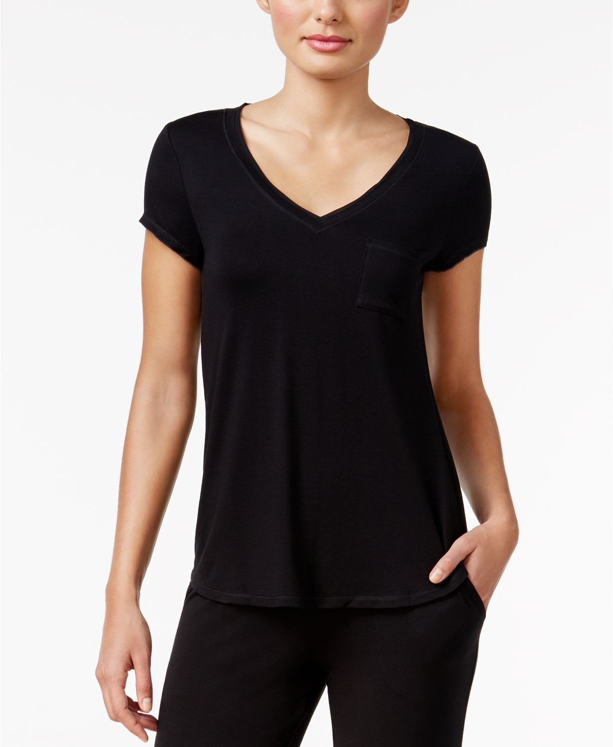 Alfani Chiffon Trimmed Knit Pajama Top in Classic Black