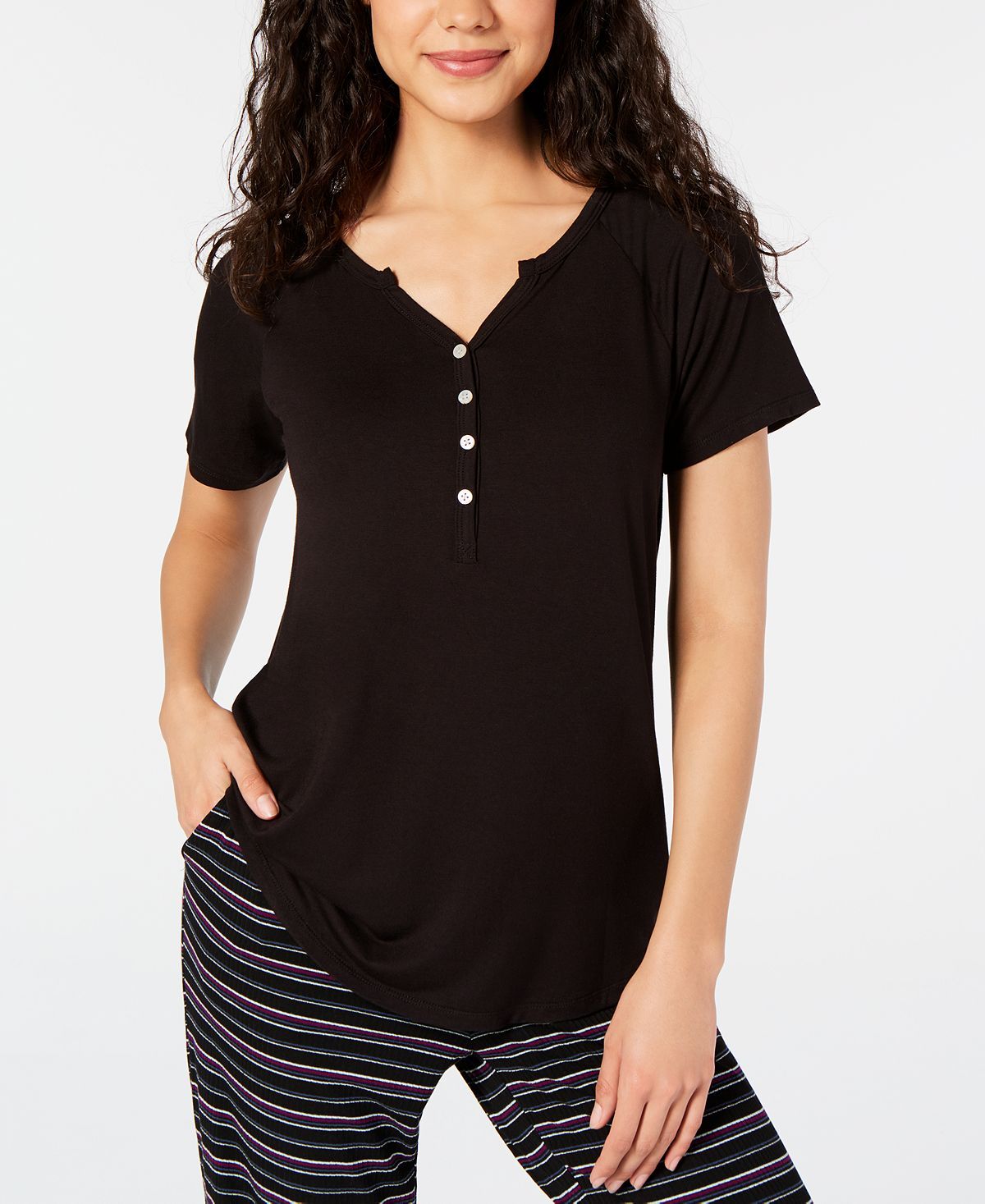 Alfani Super Soft Henley Pajama T-shirt Classic Black