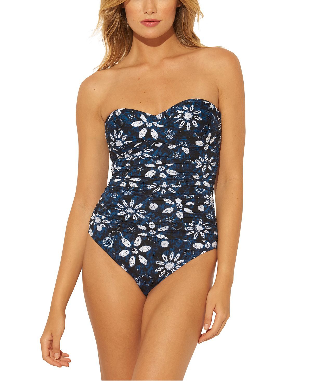 Bleu By Rod Beattie Printed Bandeau One-piece Swimsuit Take A Dip Blue