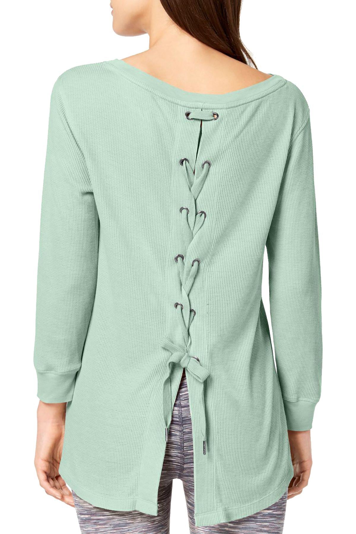 Calvin Klein Performance Silver Jade 3/4-Sleeve Lace-Up Back Top