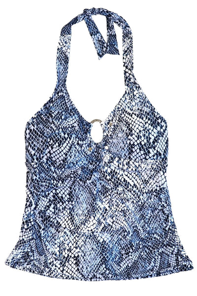 Calvin Klein Rivet Halter Tankini Top in Navy Snake Print