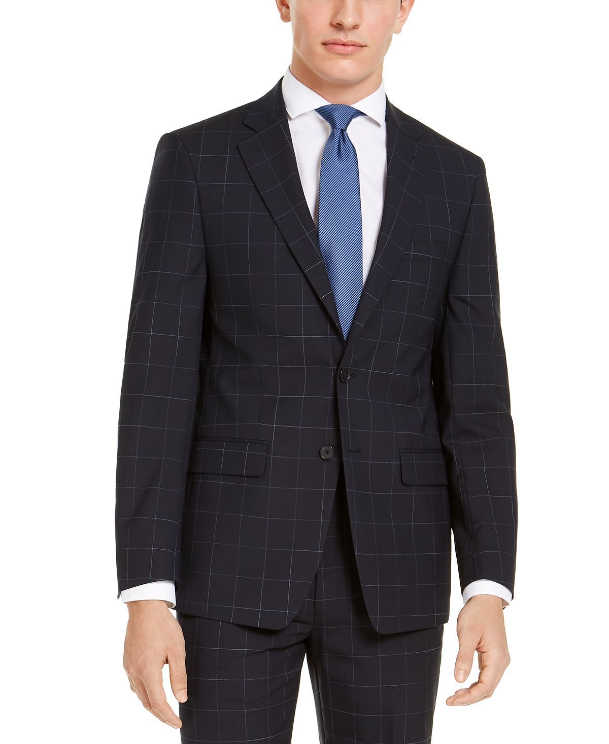 Calvin Klein X-fit Extra-slim Fit Infinite Stretch Navy Blue Windowpane Wool Suit Jacket Navy