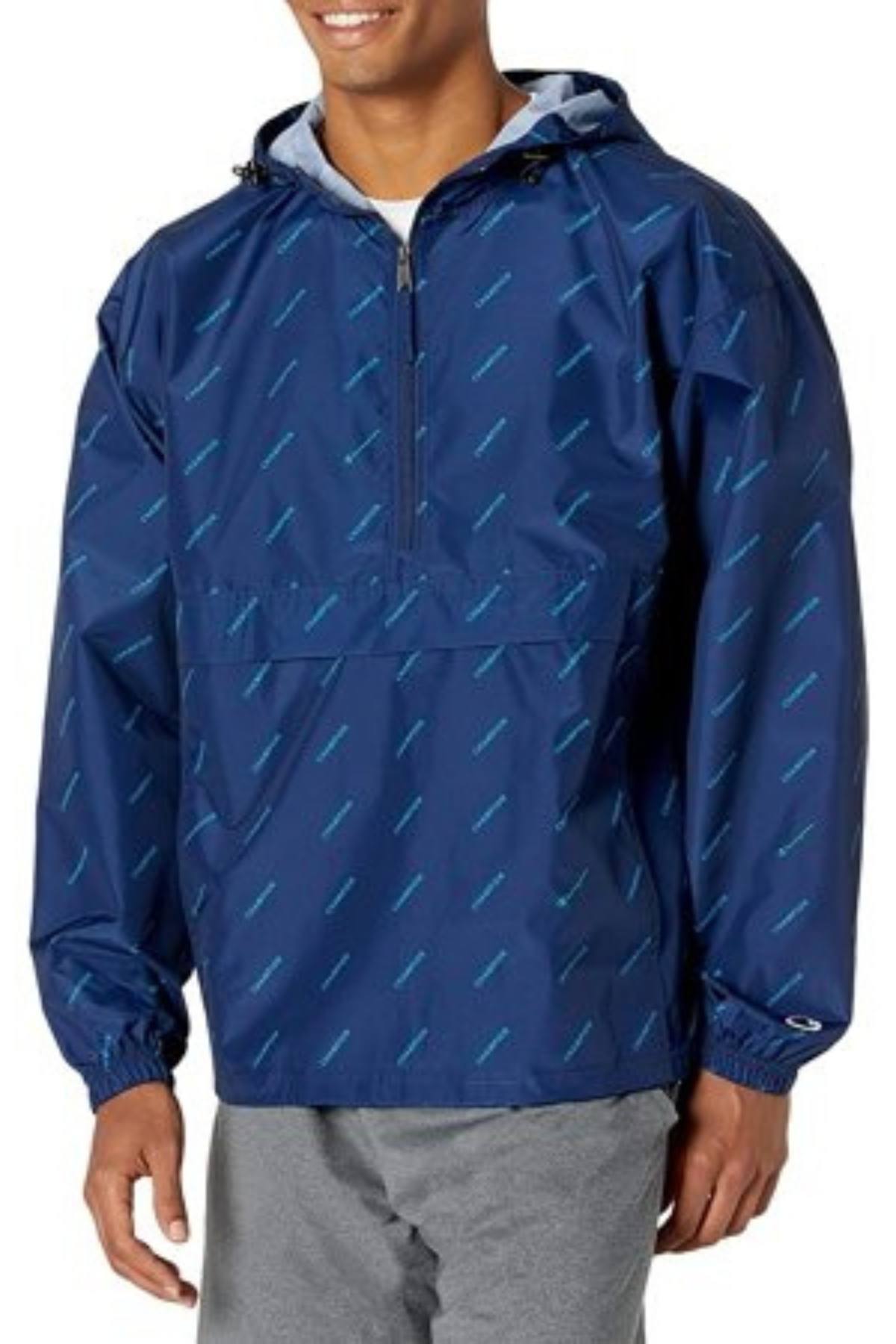 Champion Men's Logo-Print Half-Zip Packable Windbreaker Blue