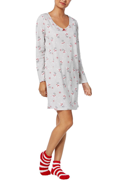 Charter Club Intimates Grey Prancing Deer Graphic-Print Cotton Sleepshirt With Matching Socks