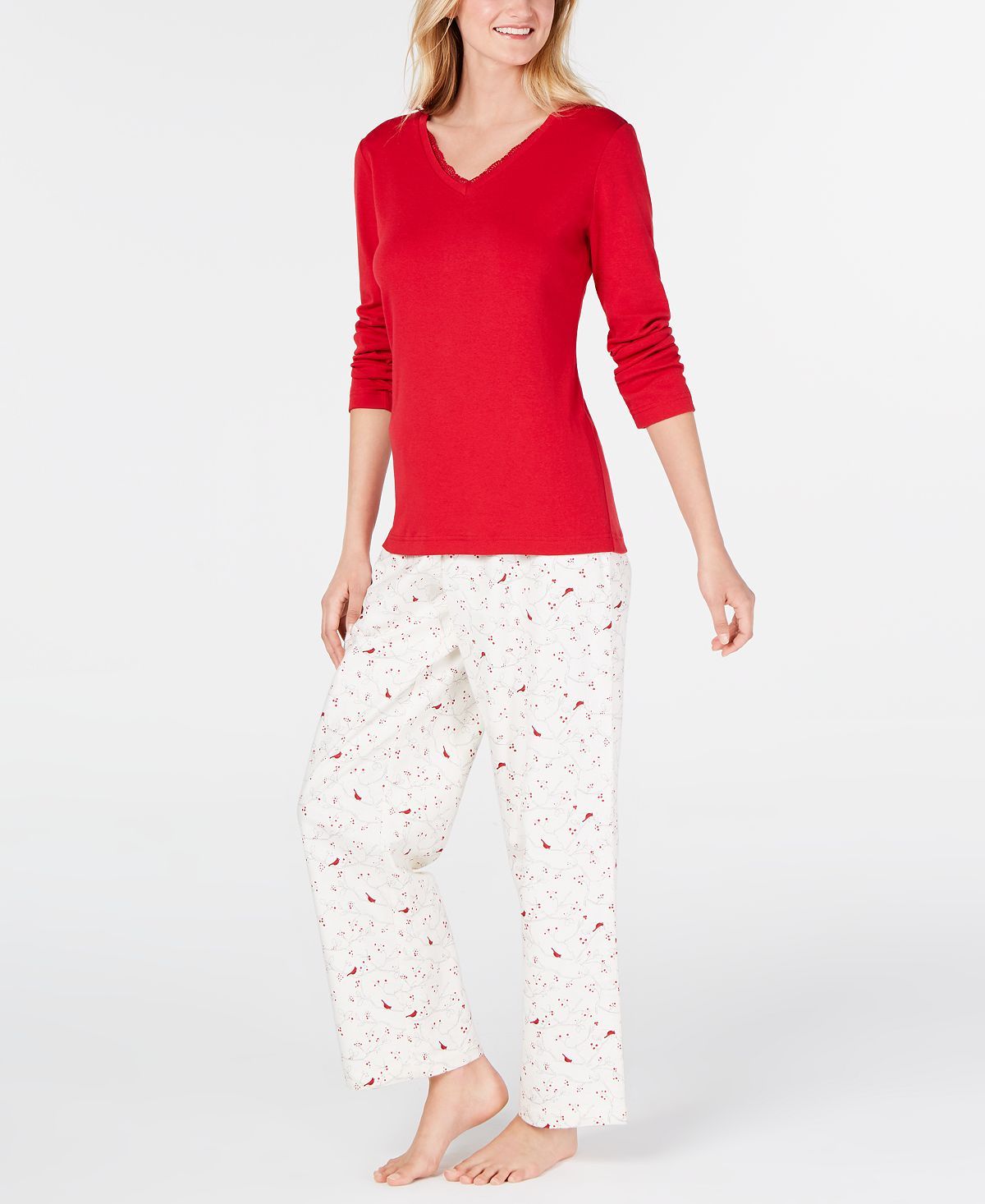 Charter Club Lace-trim Top & Printed Pajama Pants Set Cardinal