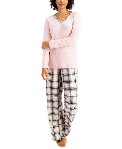 Charter Club Mixit Solid Top & Plaid Flannel Pajama Pants Set Square Plaid