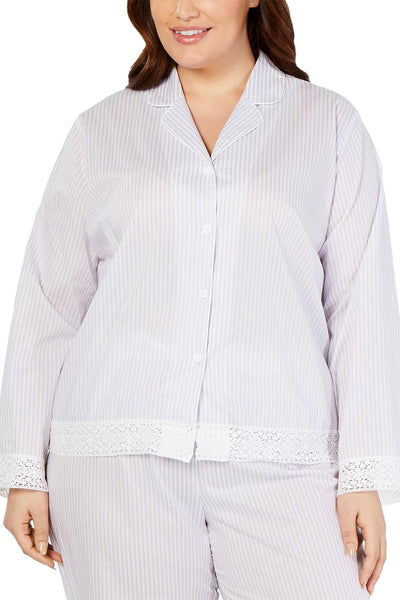 Charter Club PLUS Lace Trim Notch Collar Pajama Top in Block Stripe Lavender