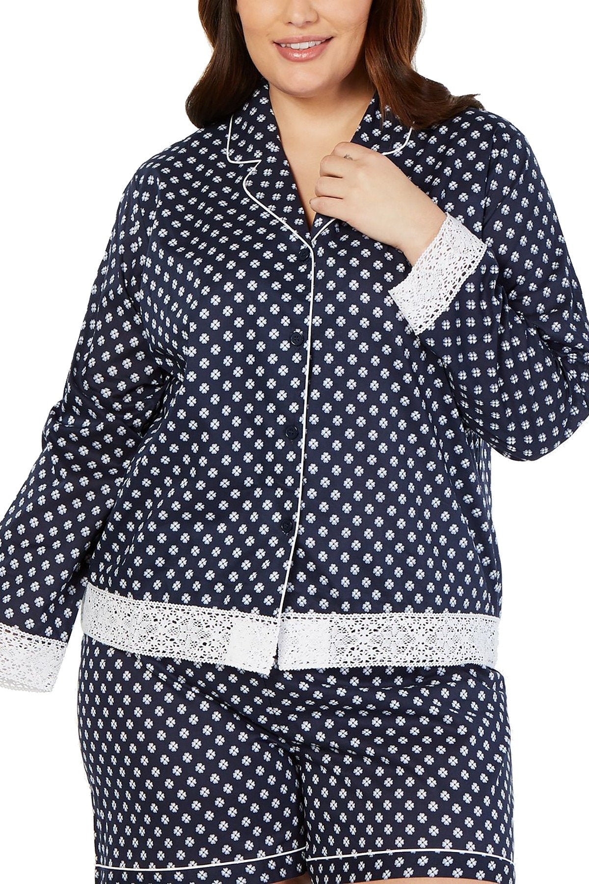 Charter Club PLUS Lace Trim Printed Notch Collar Pajama Top in Mini Floral Geo