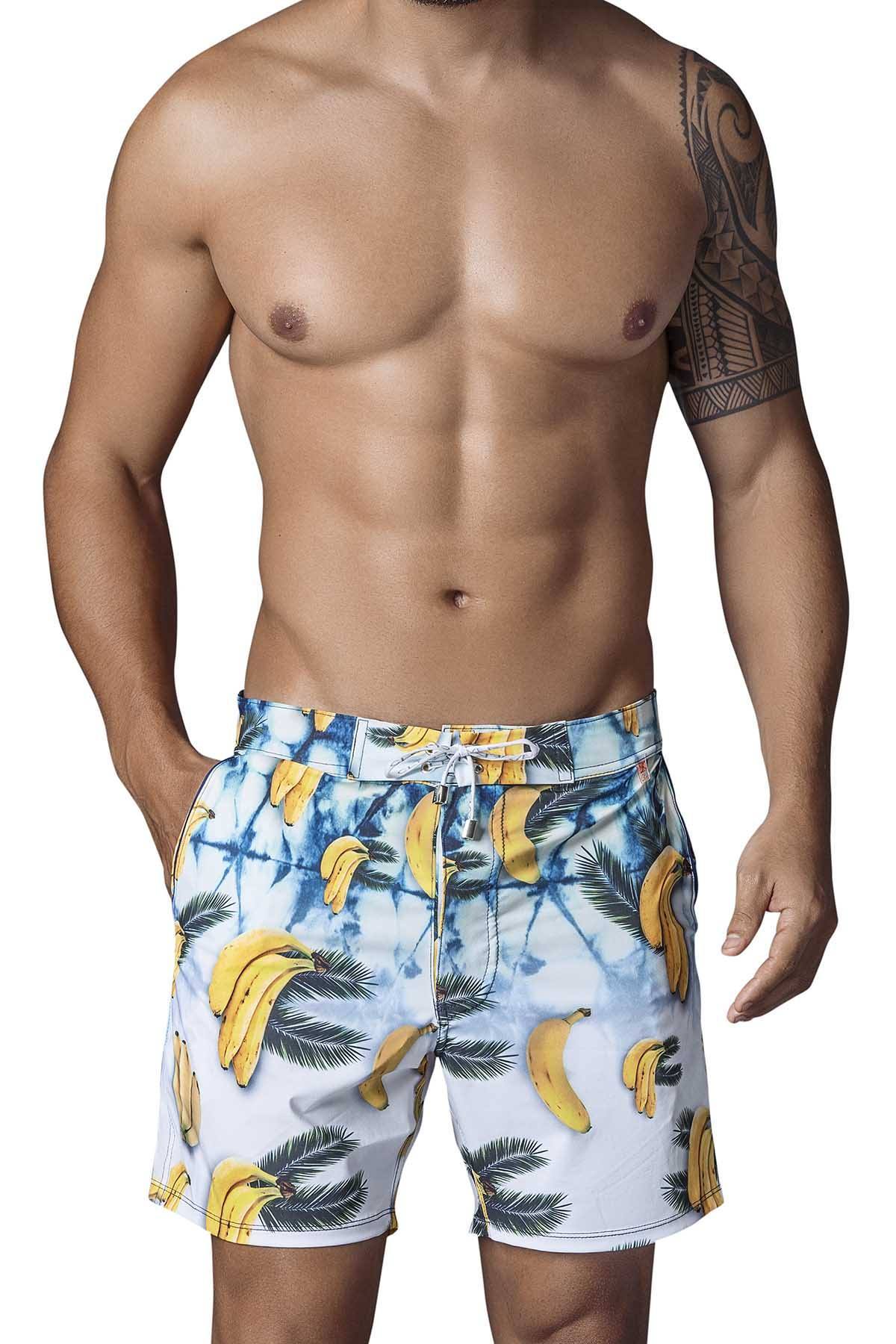 Clever White/Green Bananas Long Swim Short