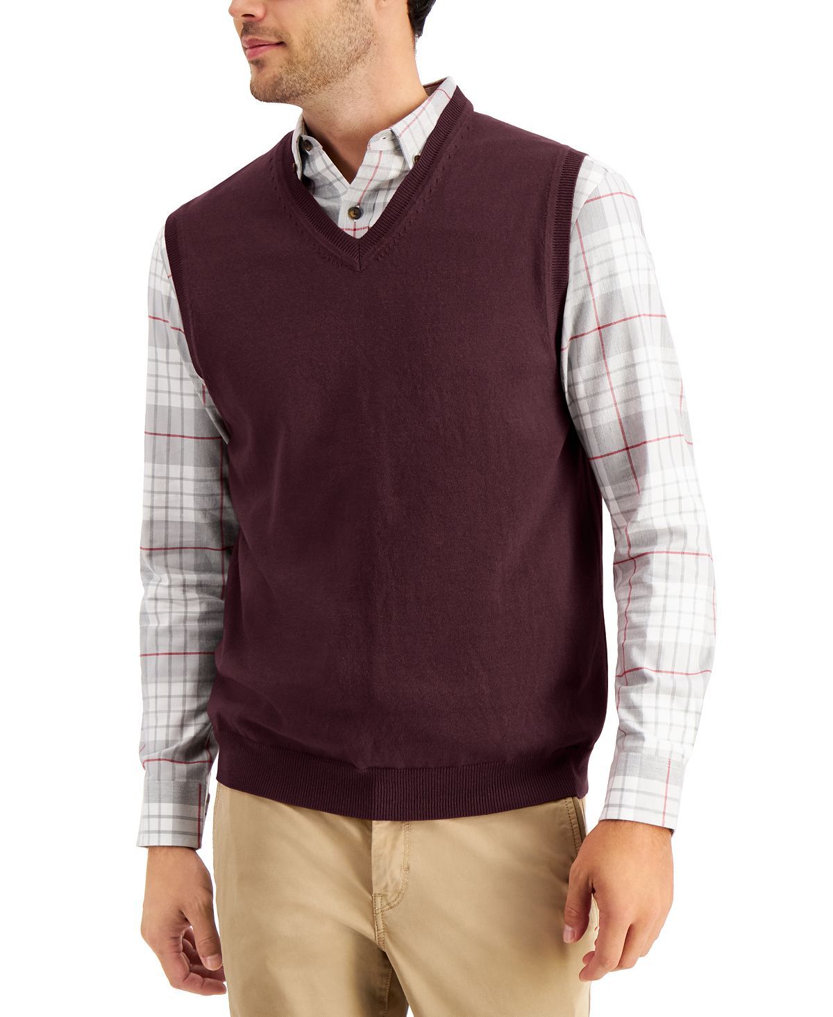 Club Room Solid V-neck Sweater Vest Red Plum