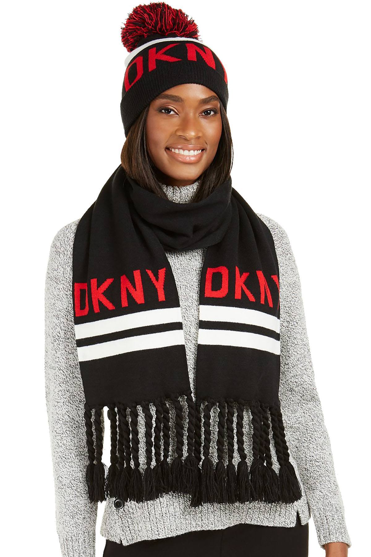 DKNY Black/Red Logo Stadium Beanie With Pom Pom