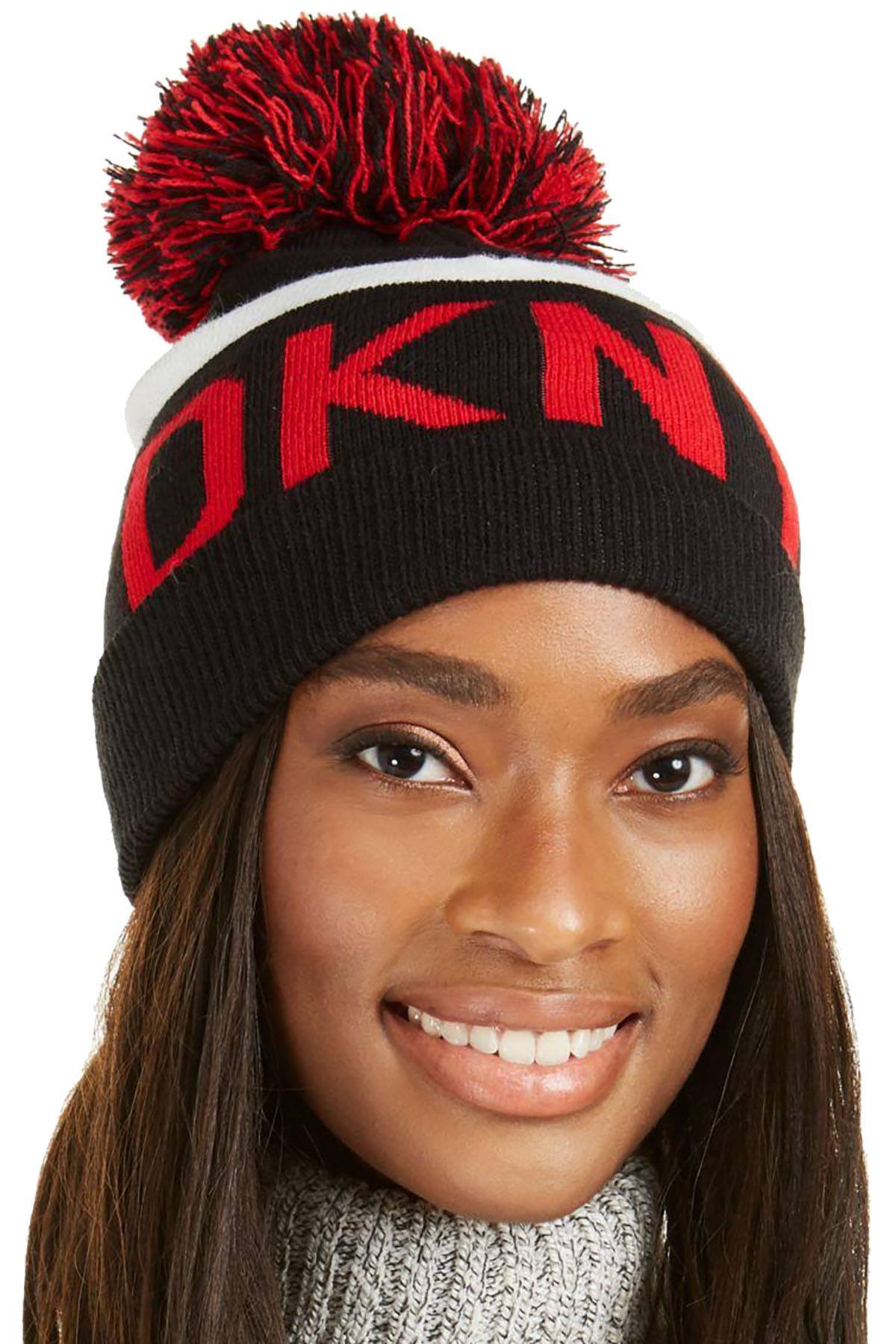 DKNY Black/Red Logo Stadium Beanie With Pom Pom