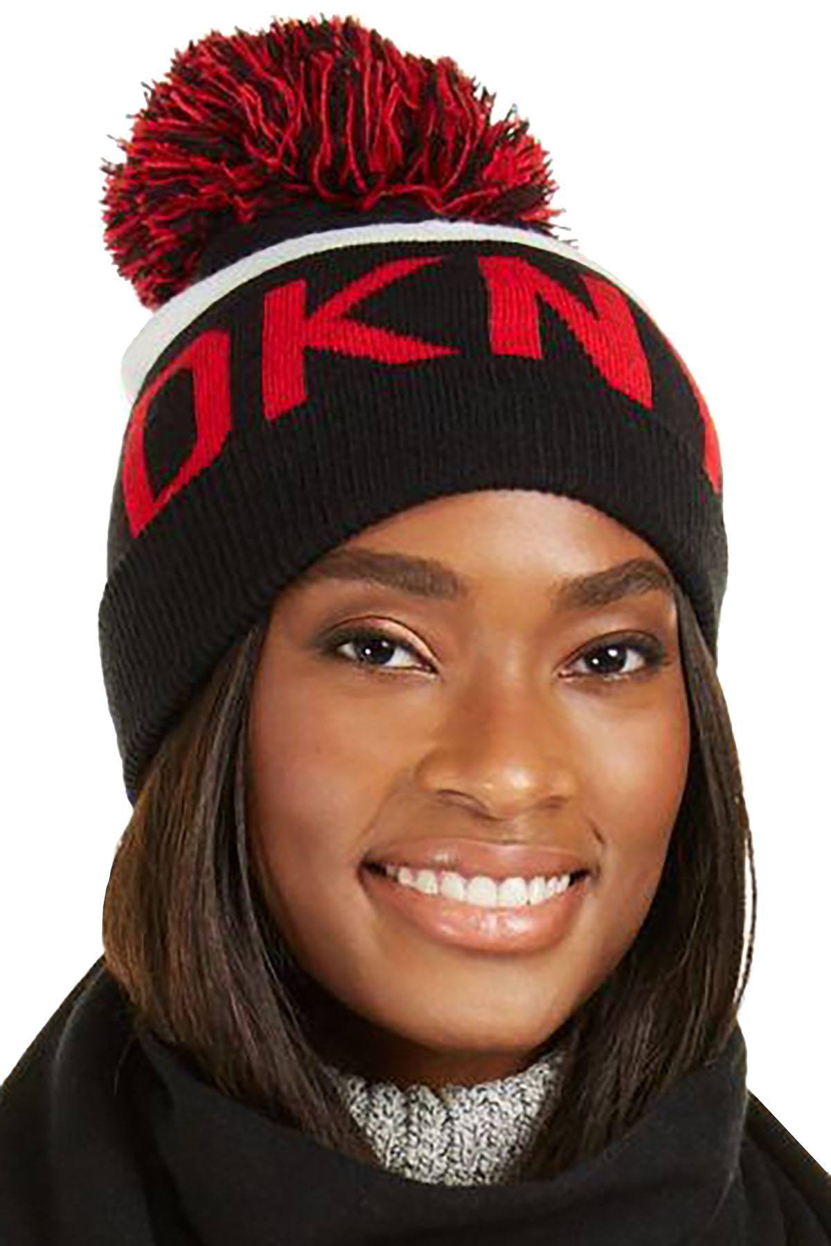 DKNY Black/Red Logo Stadium Beanie With Pom Pom