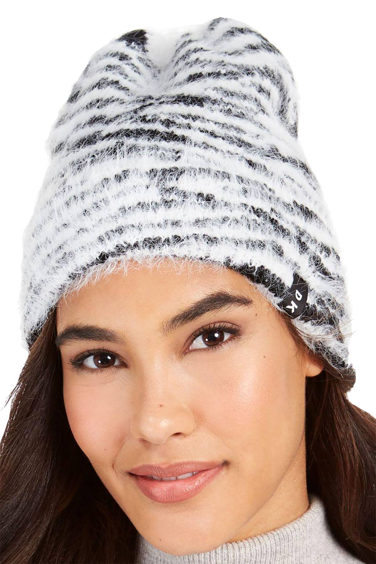 DKNY Black/White Fuzzy Animal Print Beanie