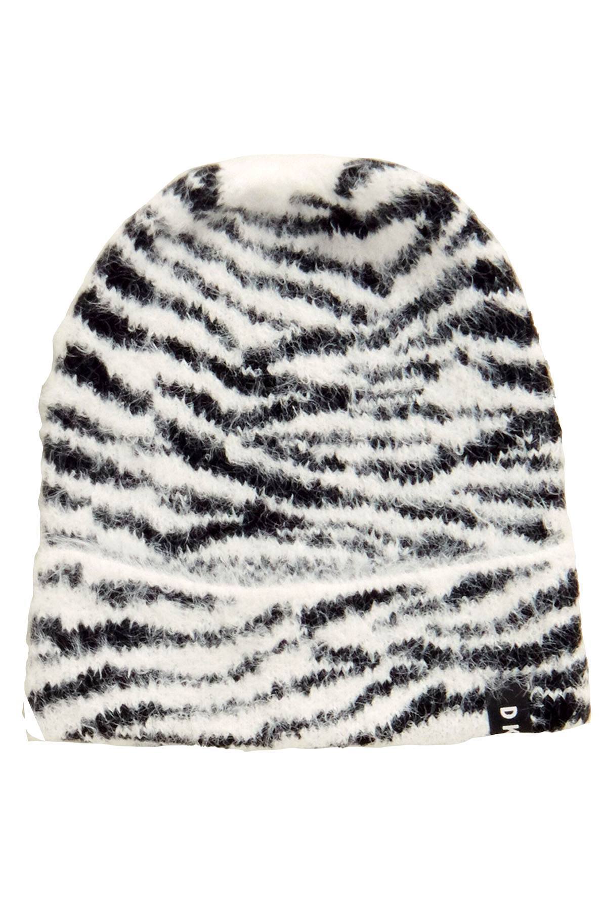 DKNY Black/White Fuzzy Animal Print Beanie