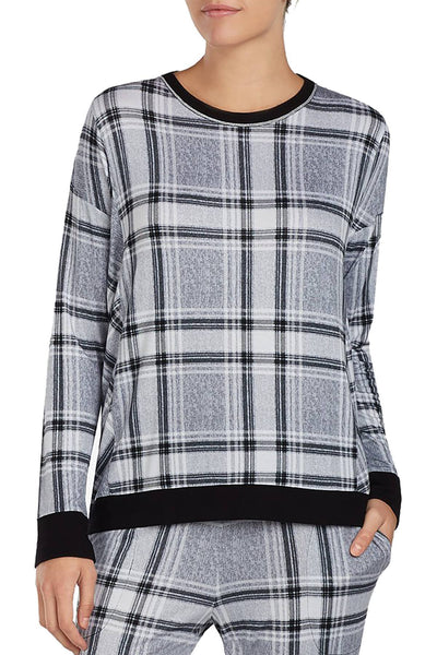 DKNY Grey-Plaid Contrast-Trim Lounge Top