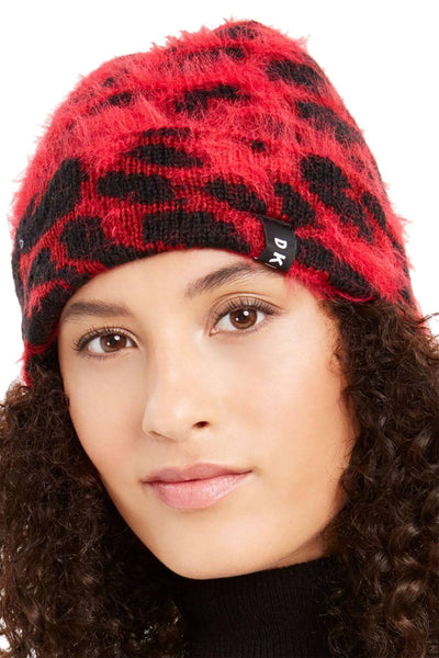 DKNY Red Fuzzy Animal Print Beanie