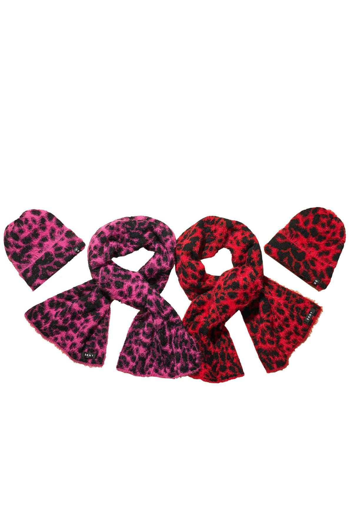 DKNY Red Fuzzy Animal Print Beanie