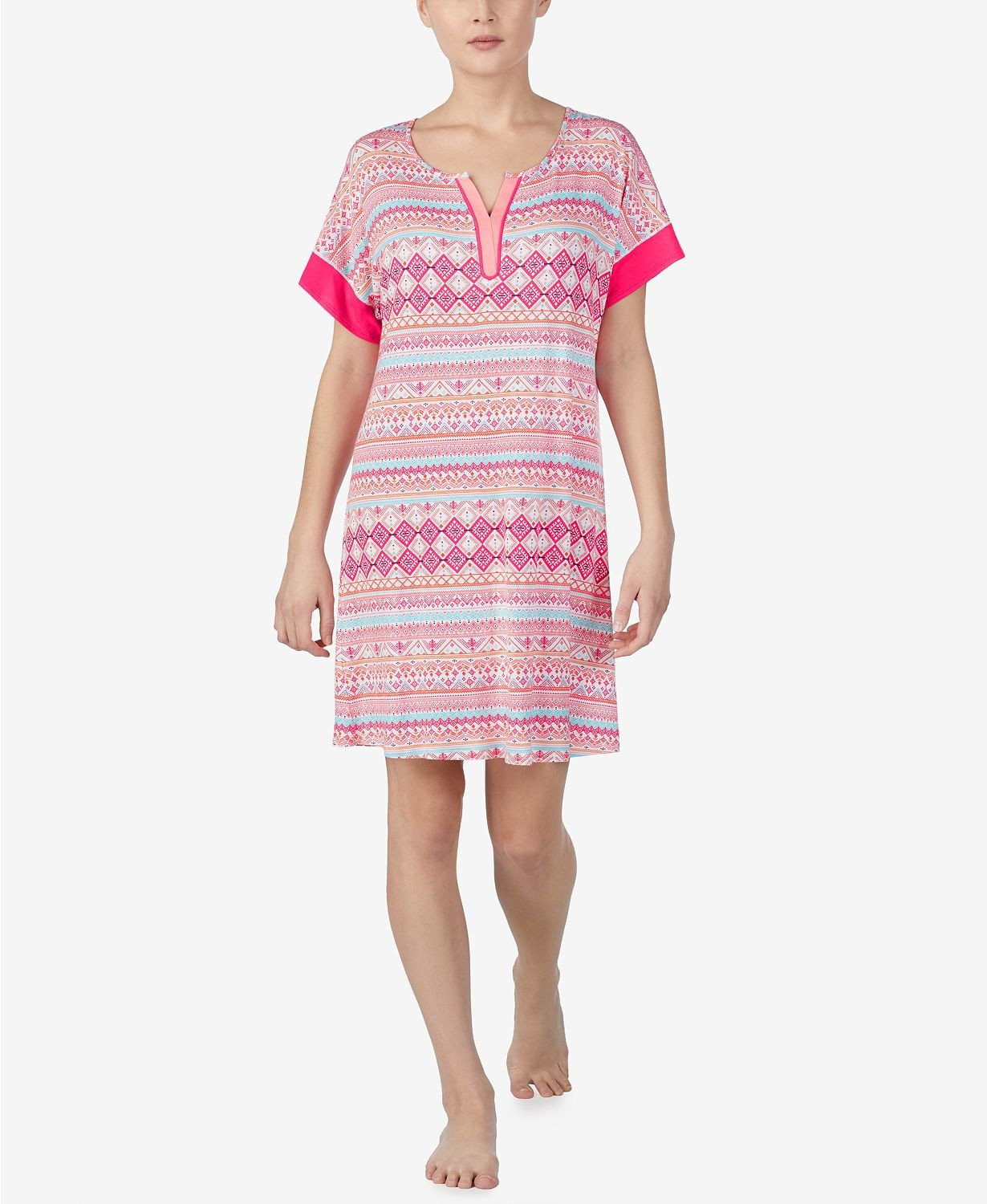 Ellen Tracy Printed Split Neck Nightgown in Coral