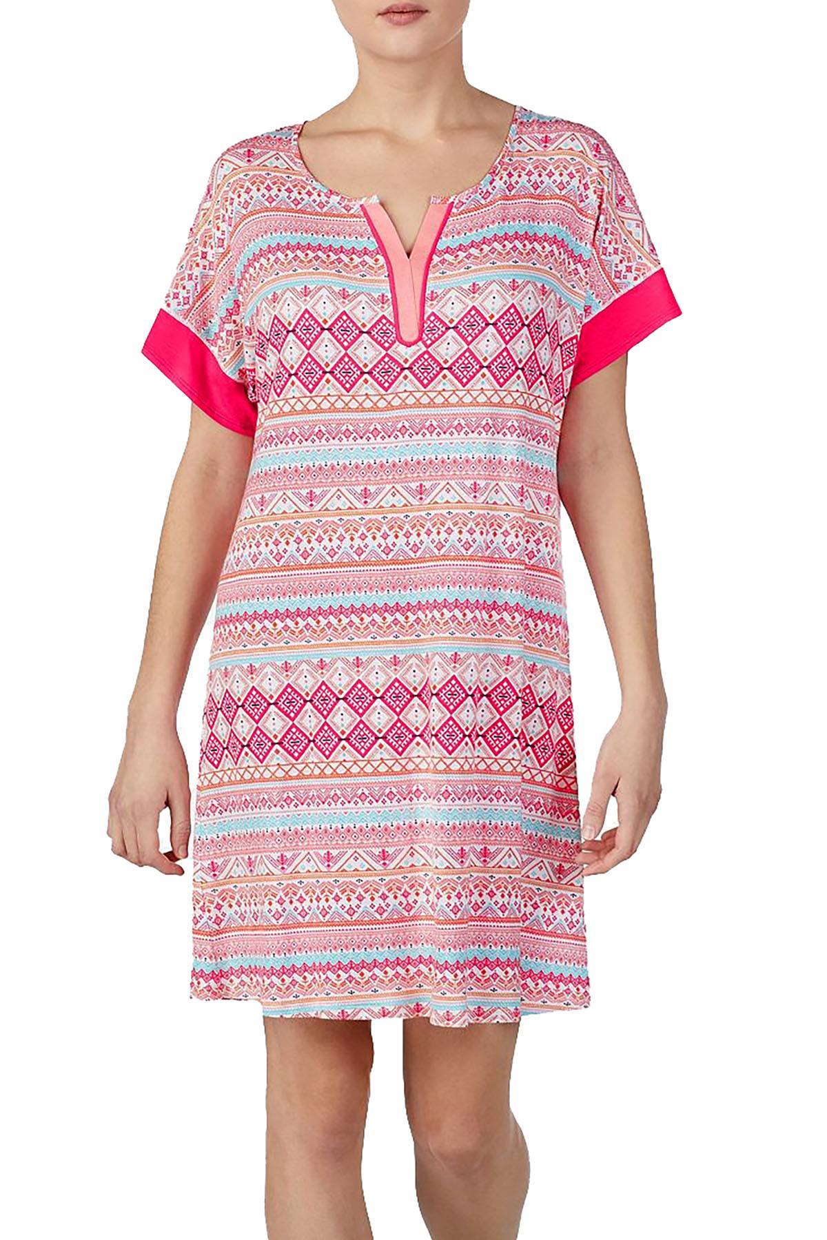 Ellen Tracy Printed Split Neck Nightgown in Coral