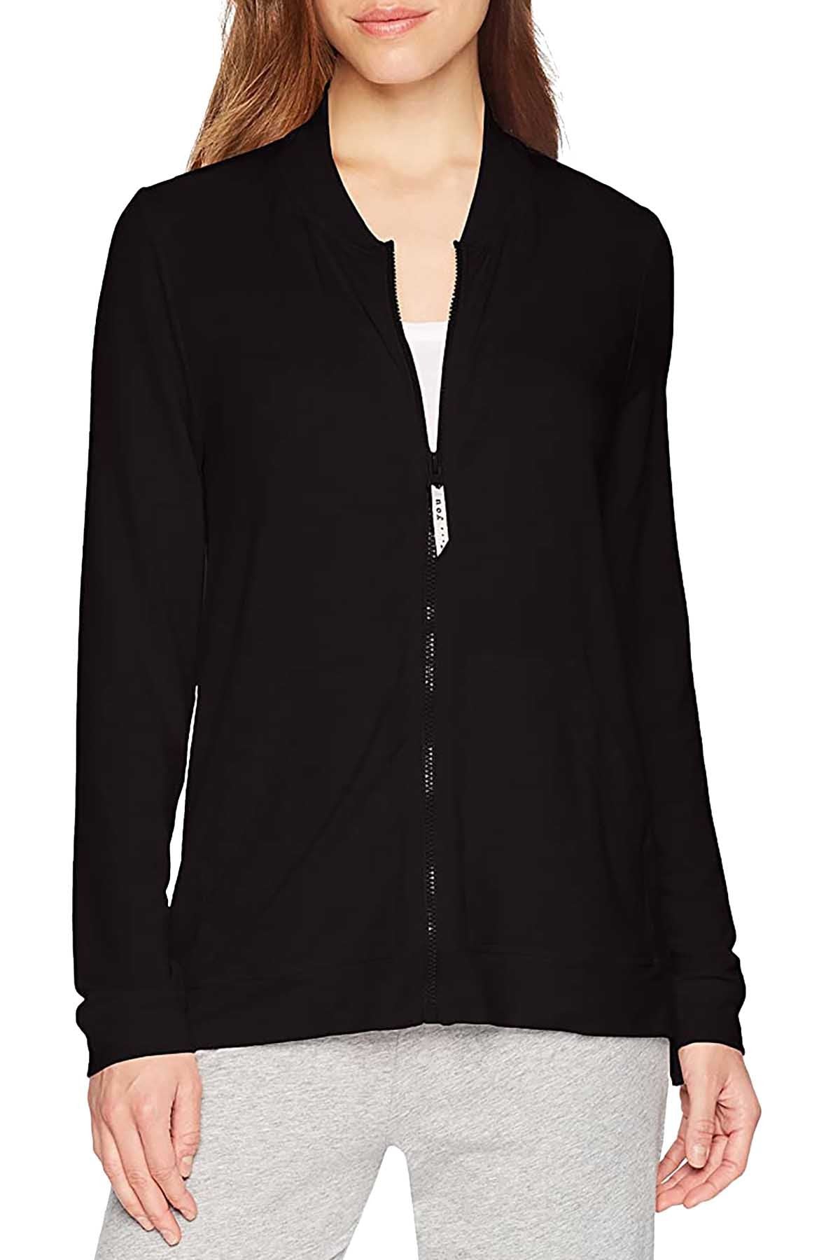 HUE Black Solid Zipper Front Lounge Top