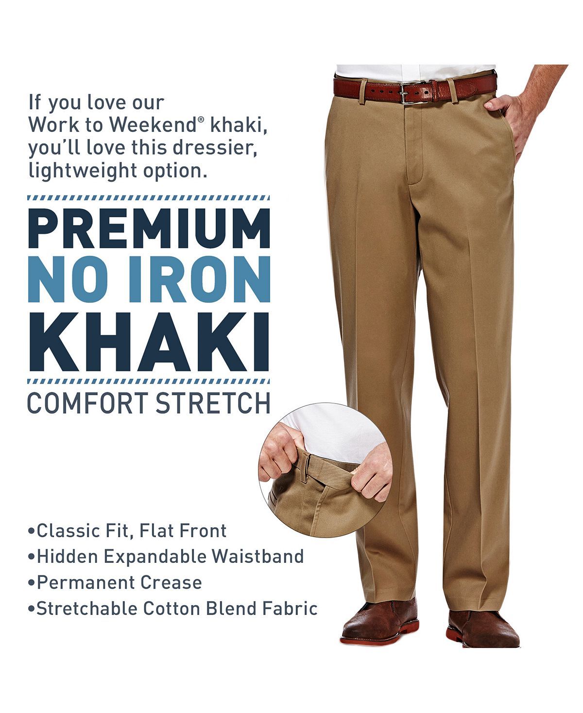 Haggar Big & Tall Premium No Iron Khaki Classic Fit Flat Front Hidden Expandable Waistband Pants Black