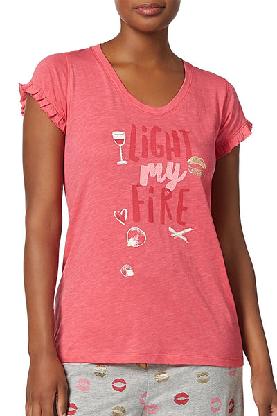 Hue Honeysuckle Light My Fire Graphic-Print Ruffle-Sleeve Lounge Tee