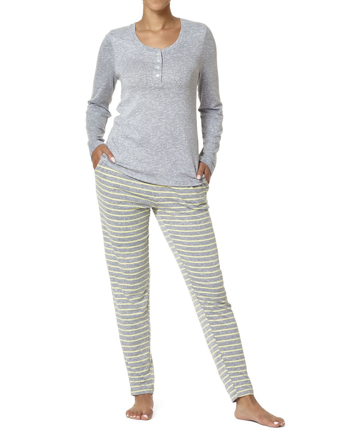 Hue Wo Ribbed Henley Pajama Set Sleet