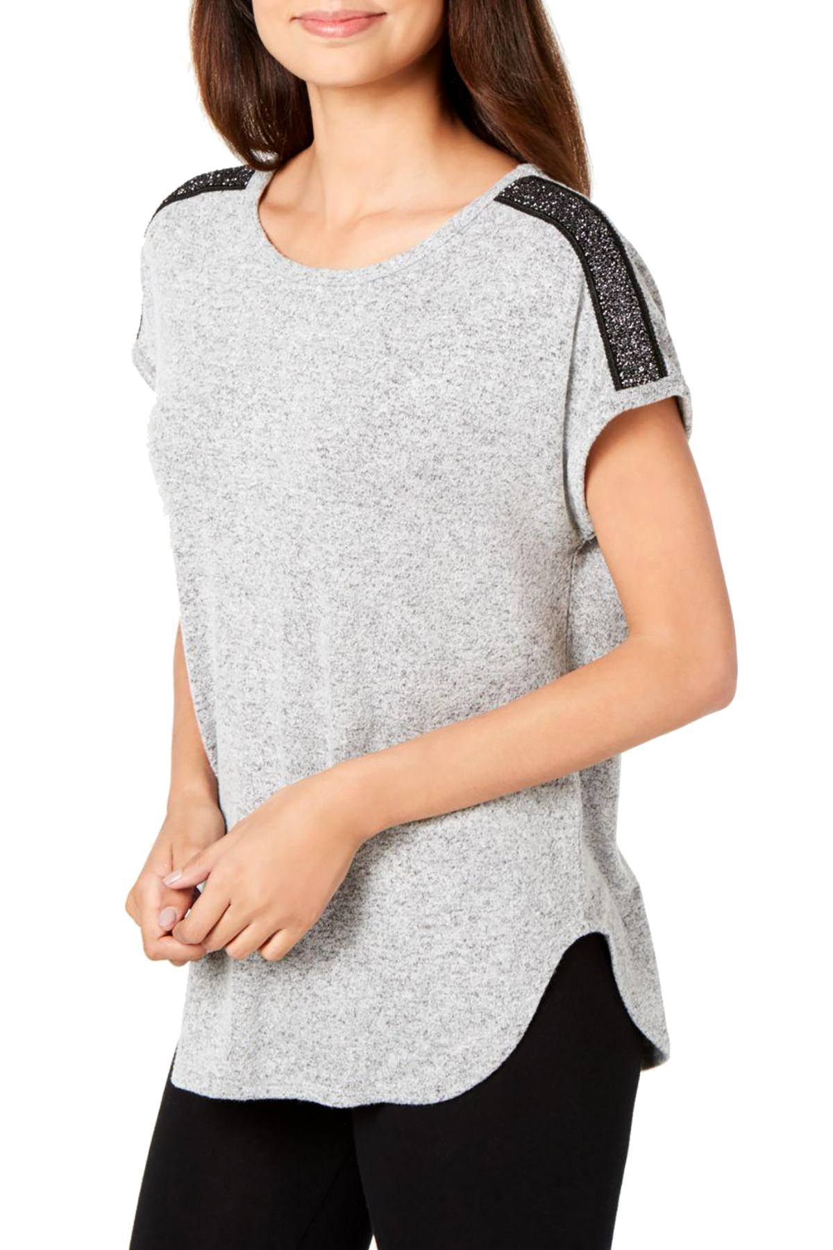 INC International Concepts Metallic Trim Lounge Tee in Hacci Medium Grey