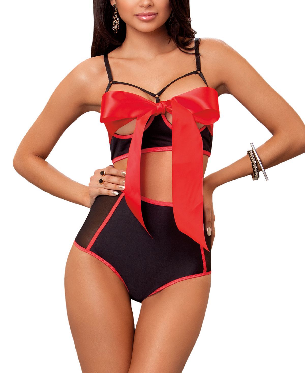 Icollection I'm Yours Satin Bow Open Cup 2pc Lingerie Set Red