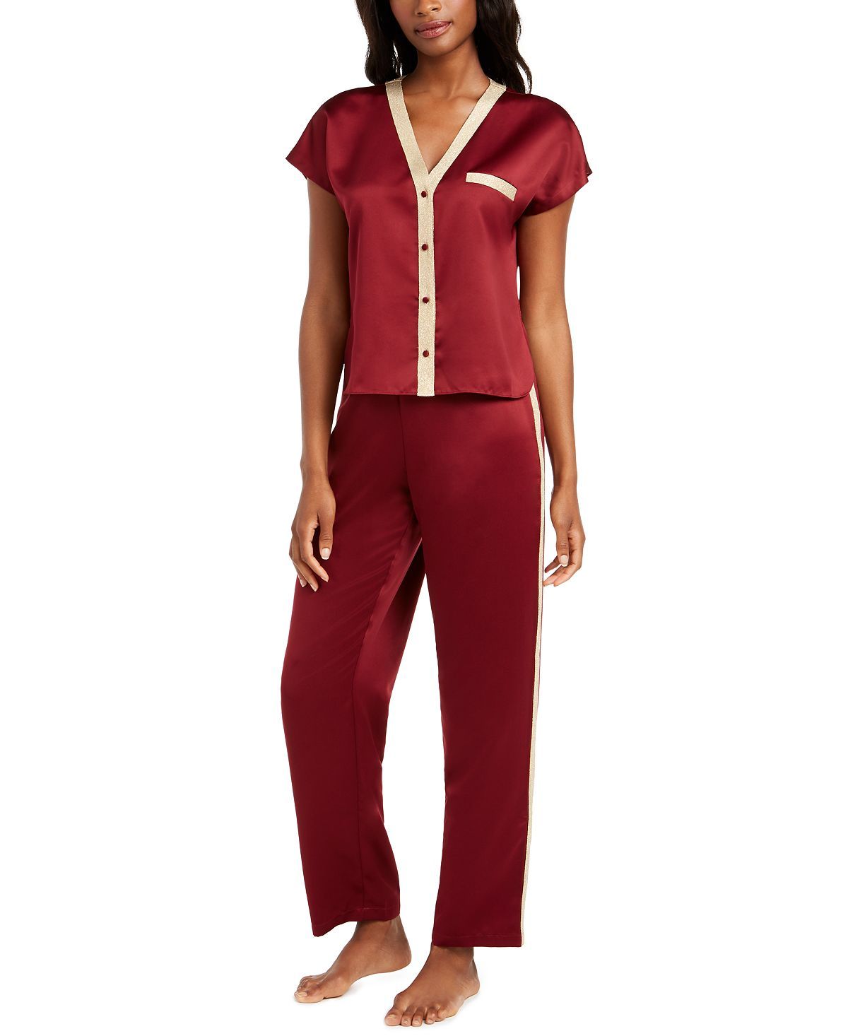 Inc International Concepts I.n.c. Metallic-trim Matte Satin Pajama Set Cherry Pie