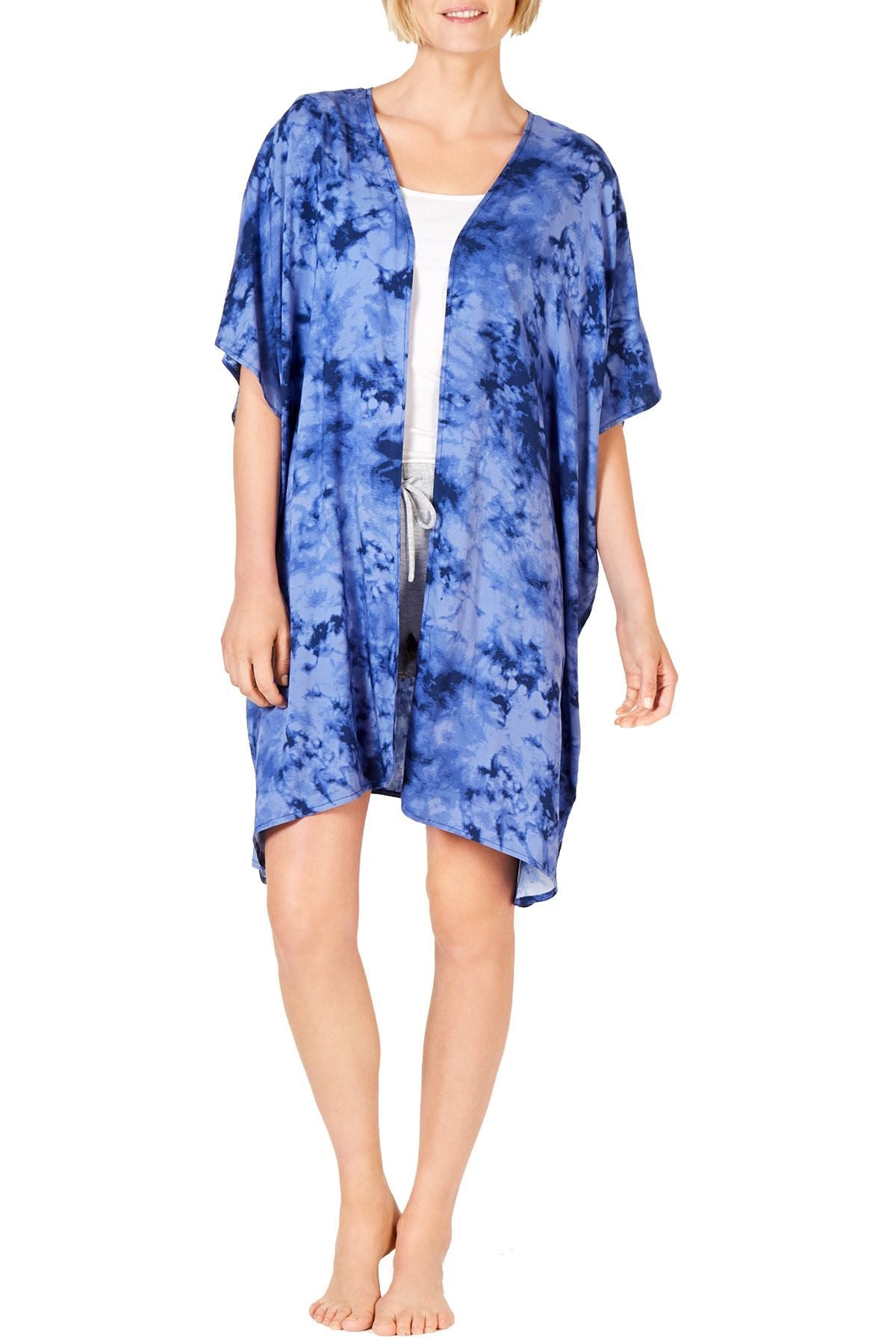 Jenni Lightweight Printed Short Sleeve Wrap in Blue Tie Dye