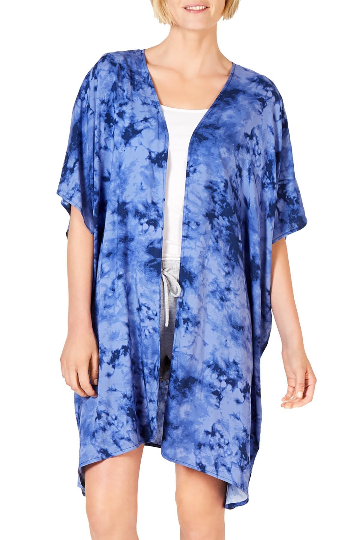 Jenni Lightweight Printed Short Sleeve Wrap in Blue Tie Dye