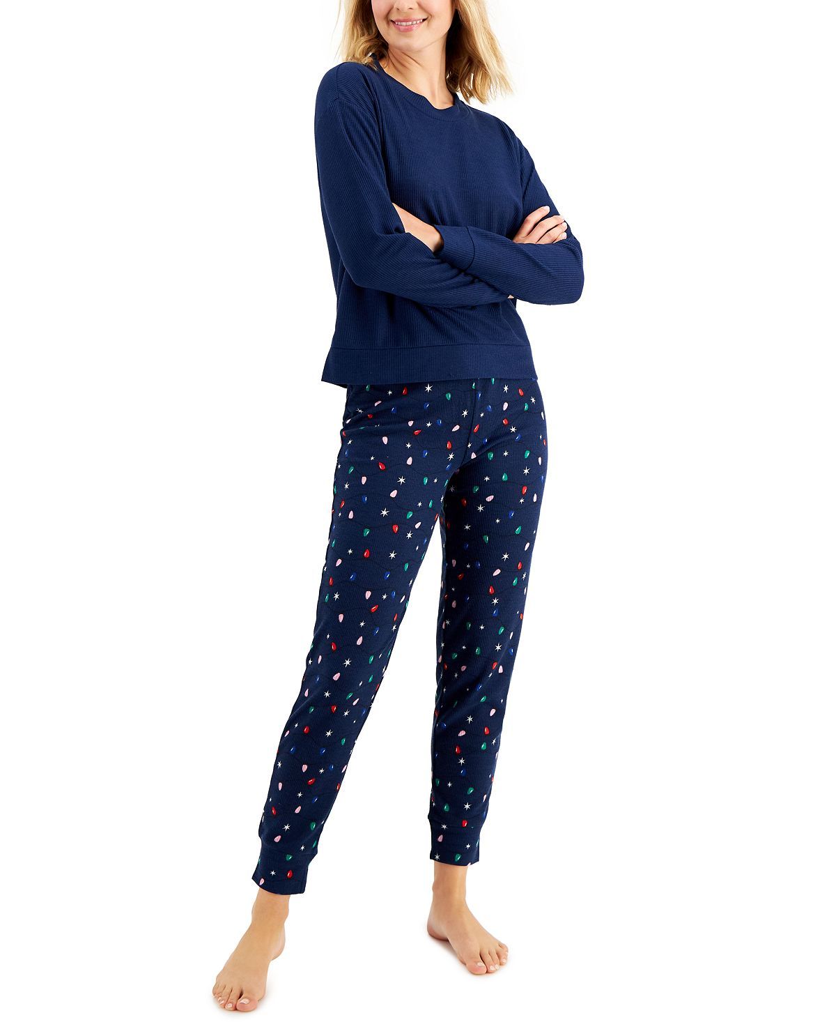 Jenni Long Sleeve Waffle Pajama Top And Jogger Set Holiday Lights