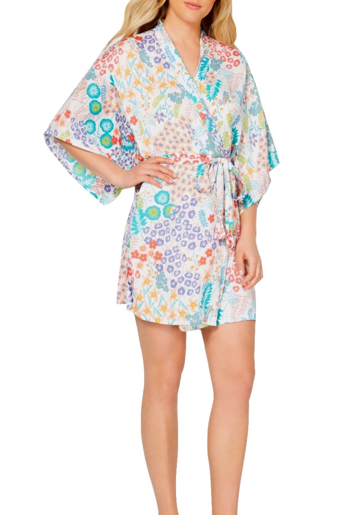 Josie by Natori Lotus Bouquet Kimono Wrap Robe in White/Multi