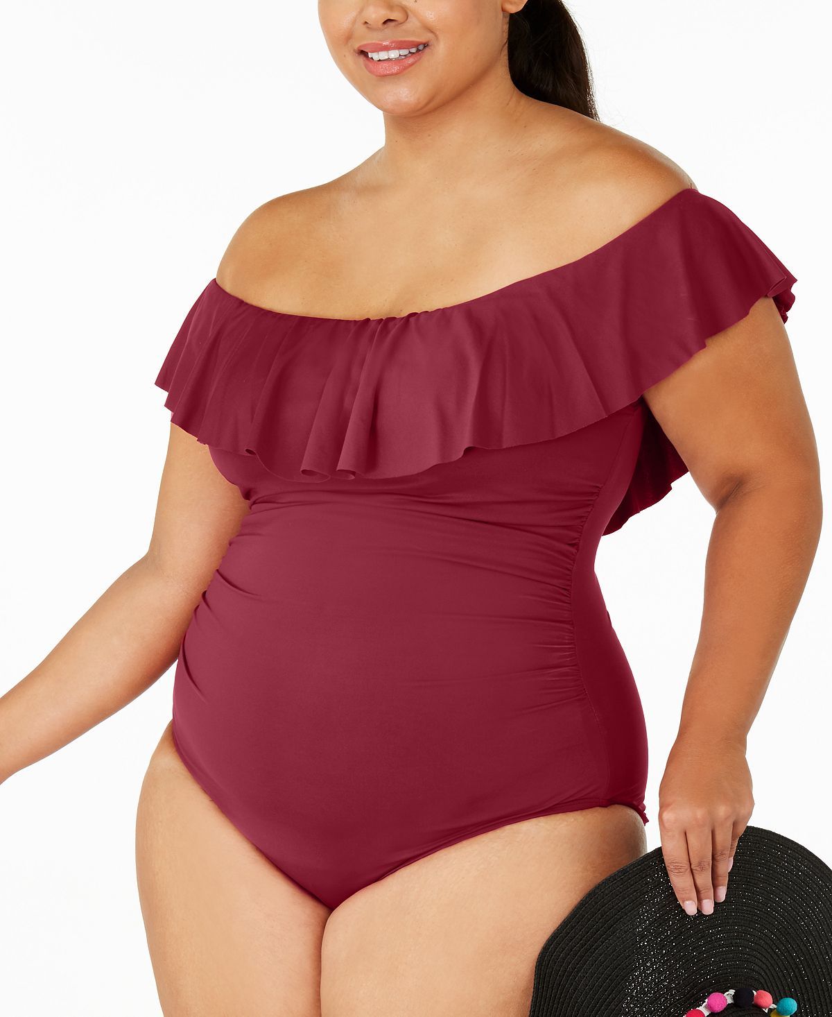 La Blanca Plus Island Goddess Off-the-shoulder One-piece Swimsuit Wine