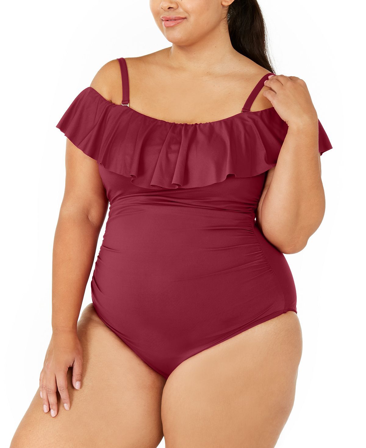 La Blanca Plus Island Goddess Off-the-shoulder One-piece Swimsuit Wine