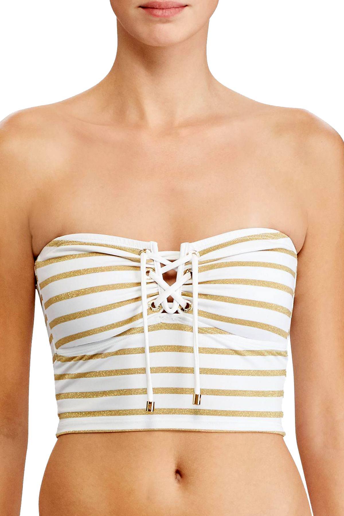 Lauren Ralph Lauren Metallic Stripe Lace Up Bikini Top in White/Gold