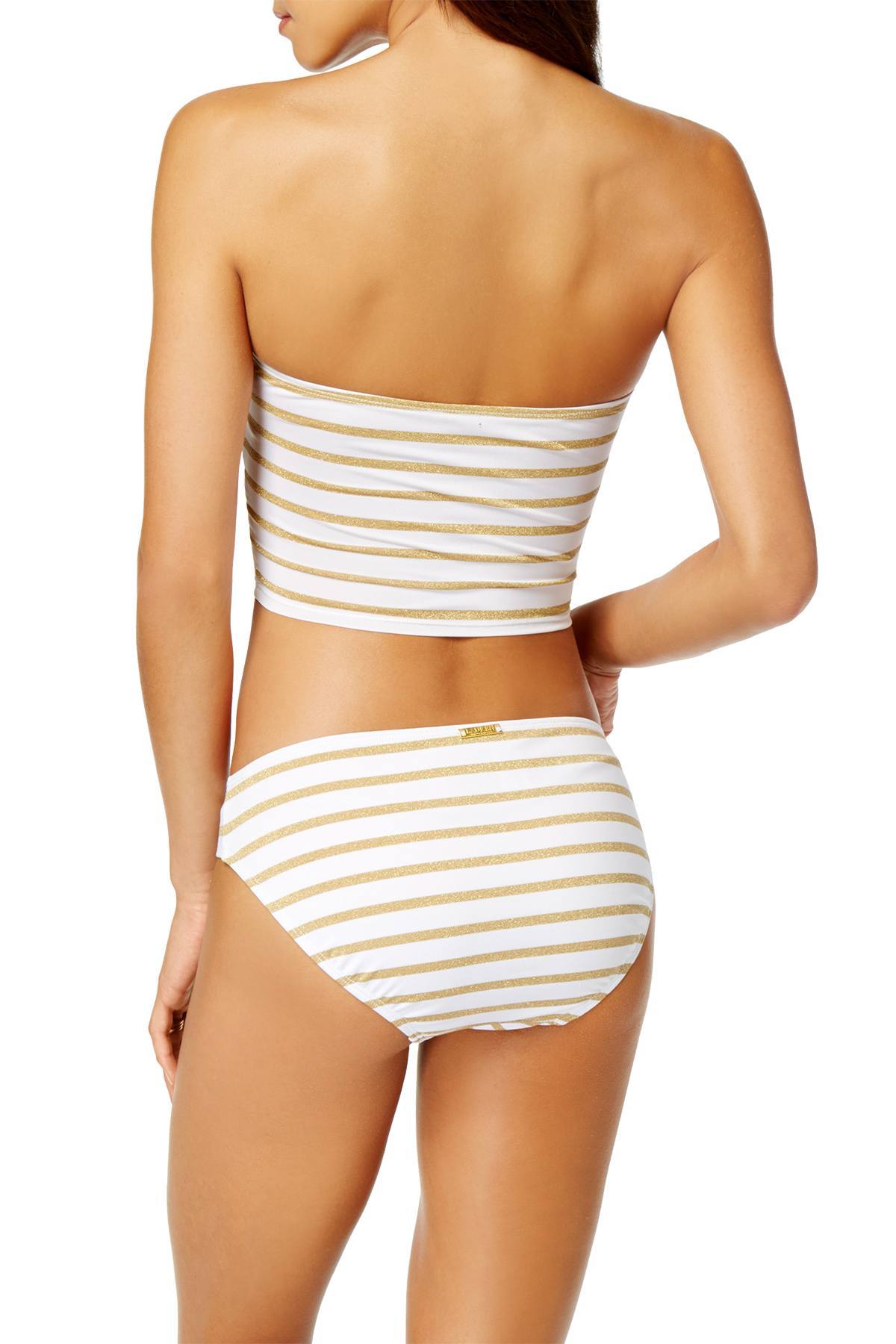 Lauren Ralph Lauren Metallic Stripe Lace Up Bikini Top in White/Gold