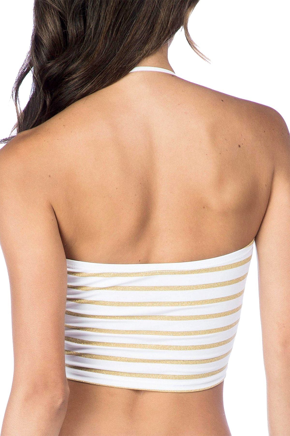 Lauren Ralph Lauren Metallic Stripe Lace Up Bikini Top in White/Gold