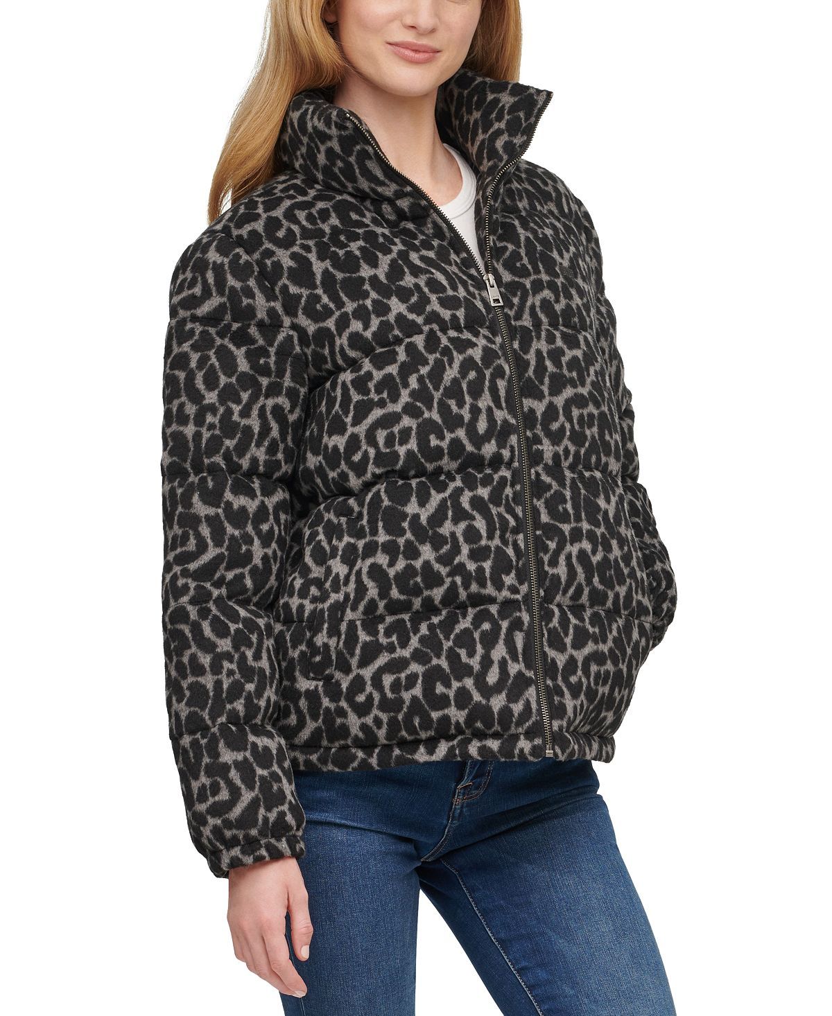 Levi's animal-print Cropped Puffer Jacket Charcoal Leopard