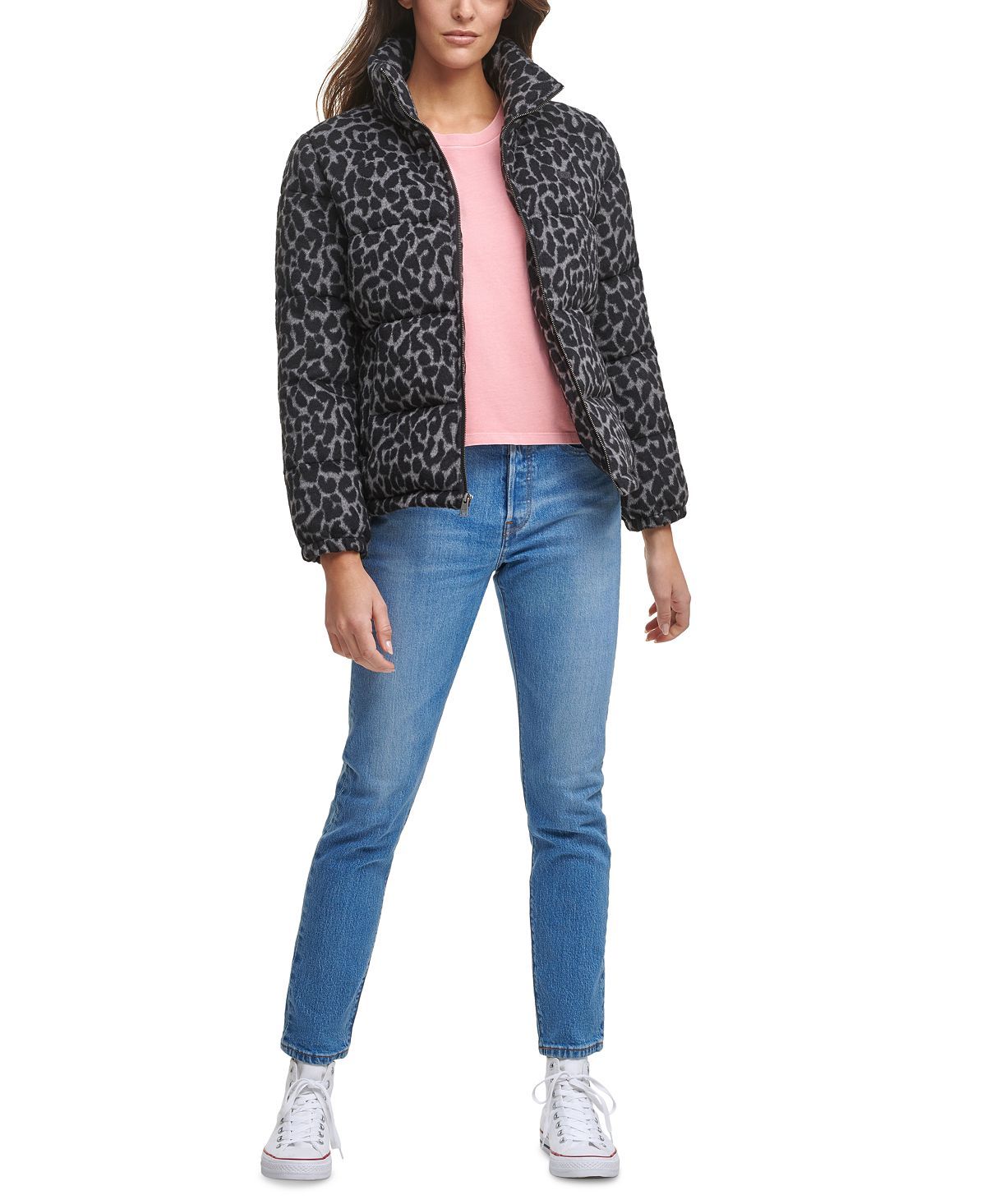 Levi's animal-print Cropped Puffer Jacket Charcoal Leopard