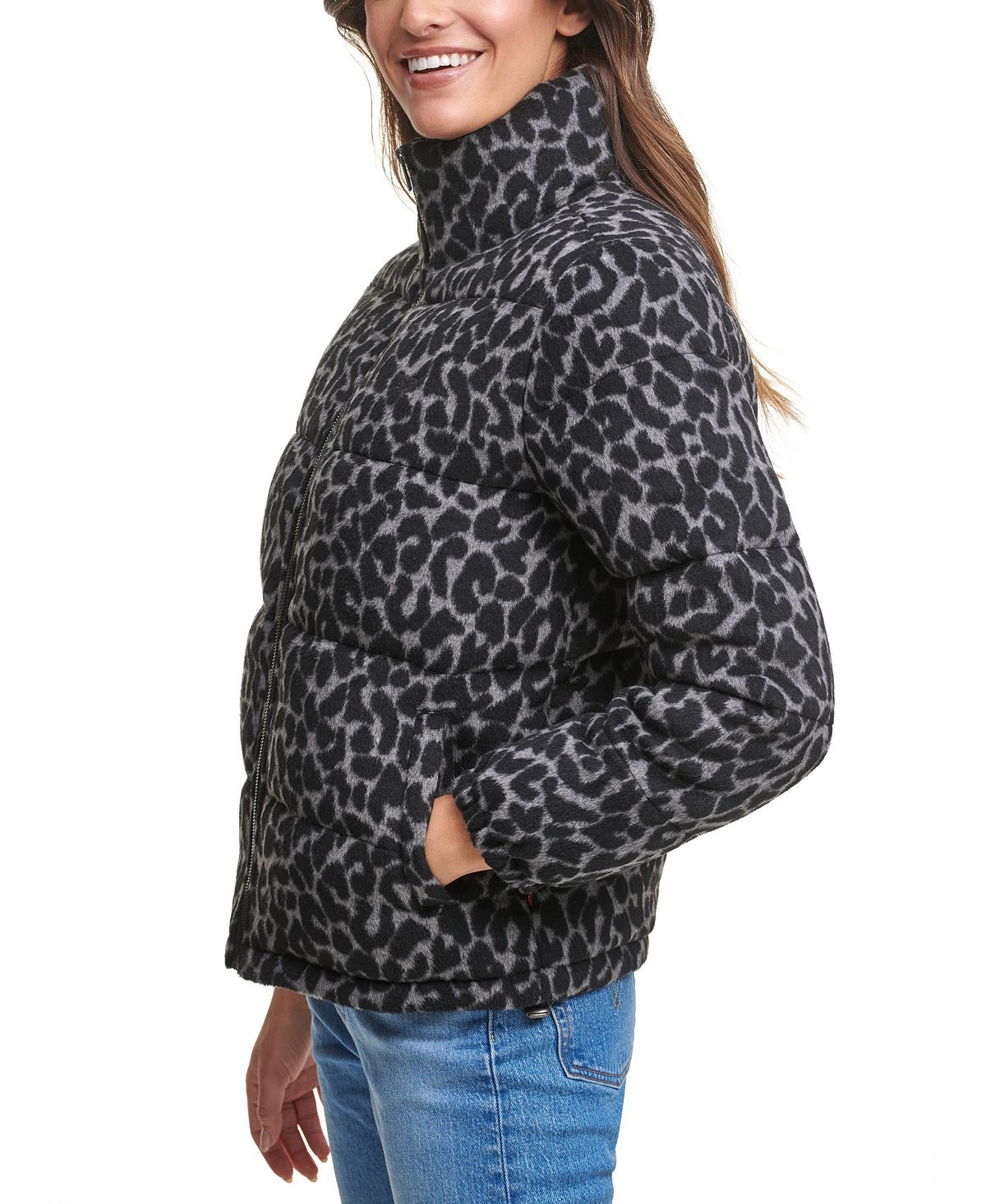 Levi's animal-print Cropped Puffer Jacket Charcoal Leopard