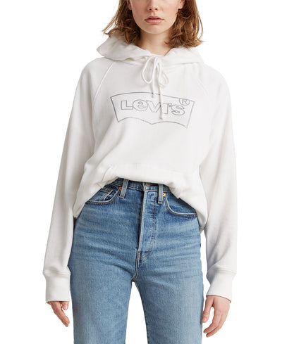 Levi's fleece Graphic Print Hoodie Batwing Outline Glitter Hoodie White+