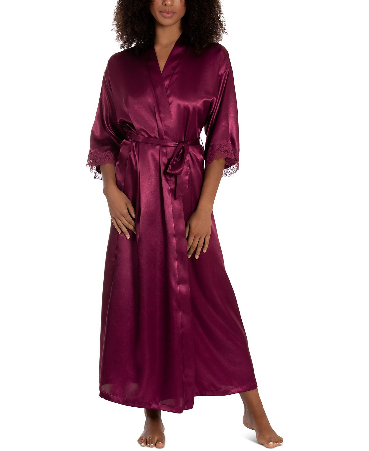 Linea Donatella Lace-trim Long Charmeuse Satin Wrap Robe Magenta