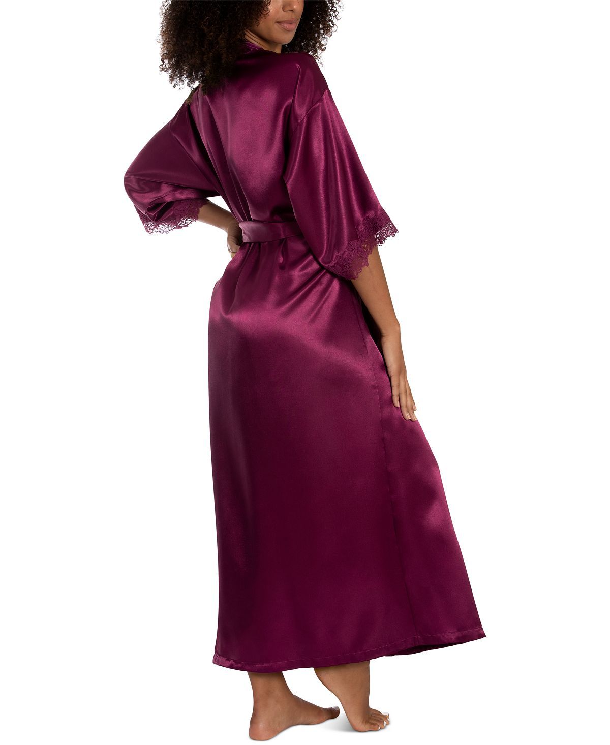 Linea Donatella Lace-trim Long Charmeuse Satin Wrap Robe Magenta