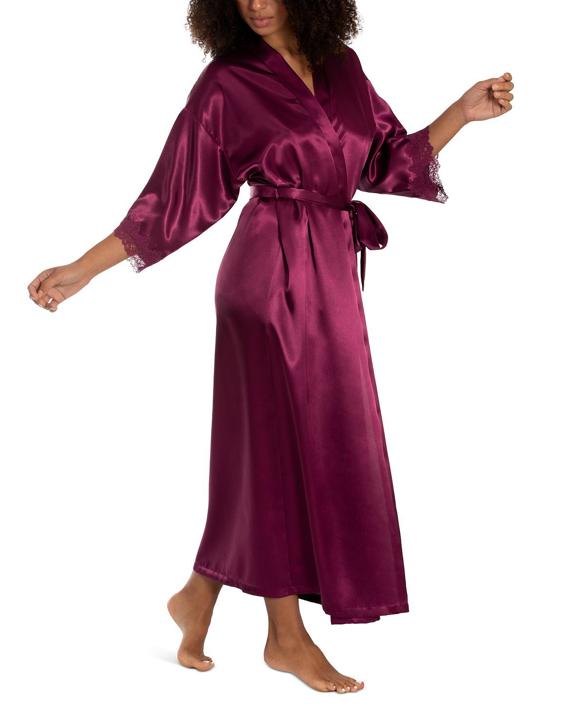 Linea Donatella Lace-trim Long Charmeuse Satin Wrap Robe Magenta